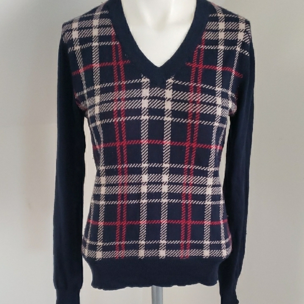Brooks Brothers Womens Silk/Cashmere Blend V-Neck Sweater Navy/Tan/Red Plaid, M